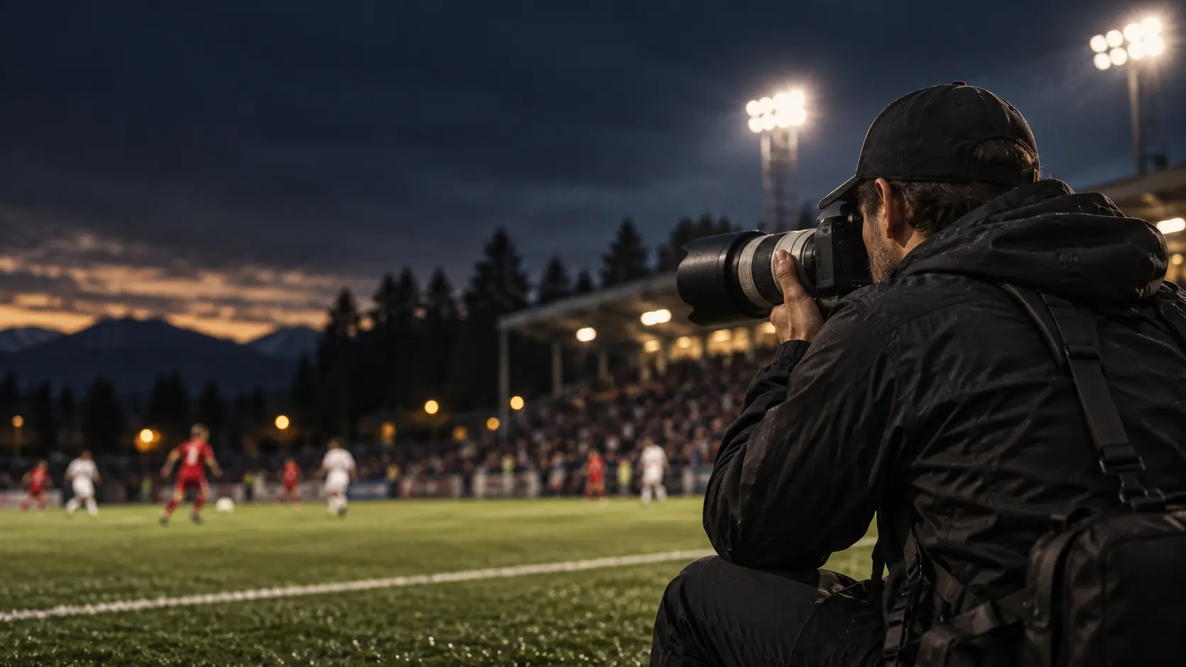 Sports photographer covering an evening soccer match