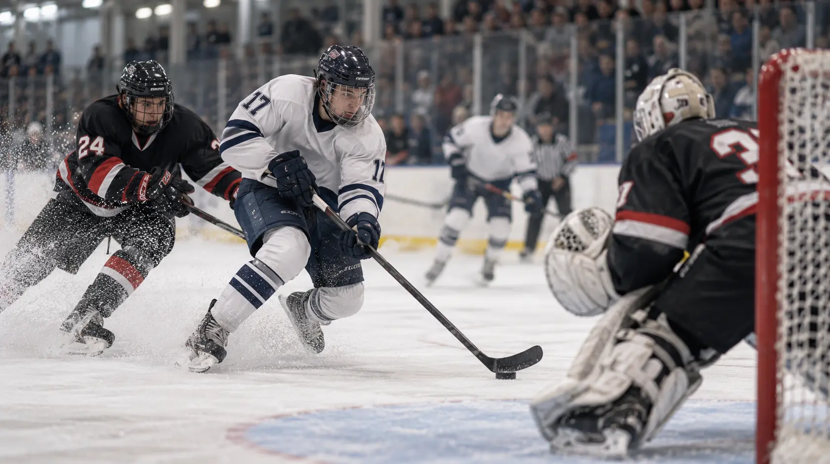Hockey players competing near the goal