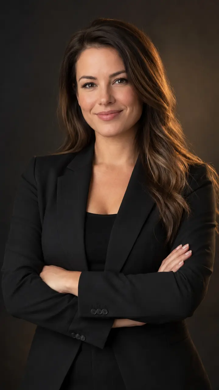 Business professional photographed against a dark studio background