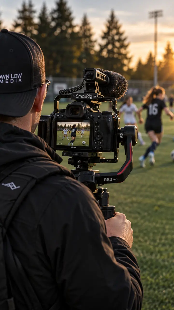 Professional videographer filming a soccer match