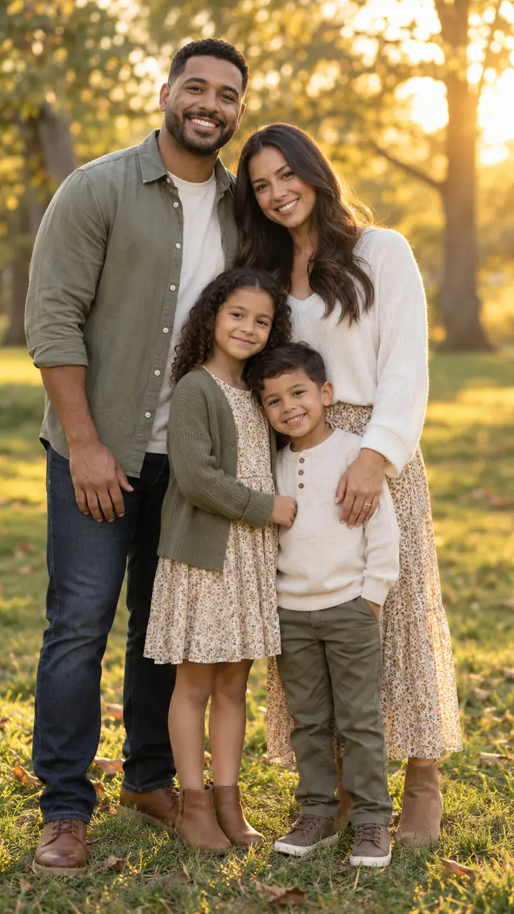 Family of four photographed outdoors during golden hour