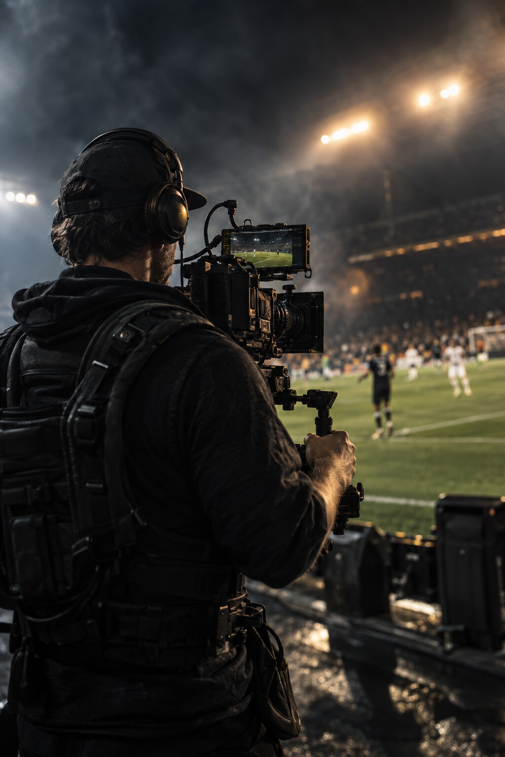 Videographer filming a soccer match from the sideline