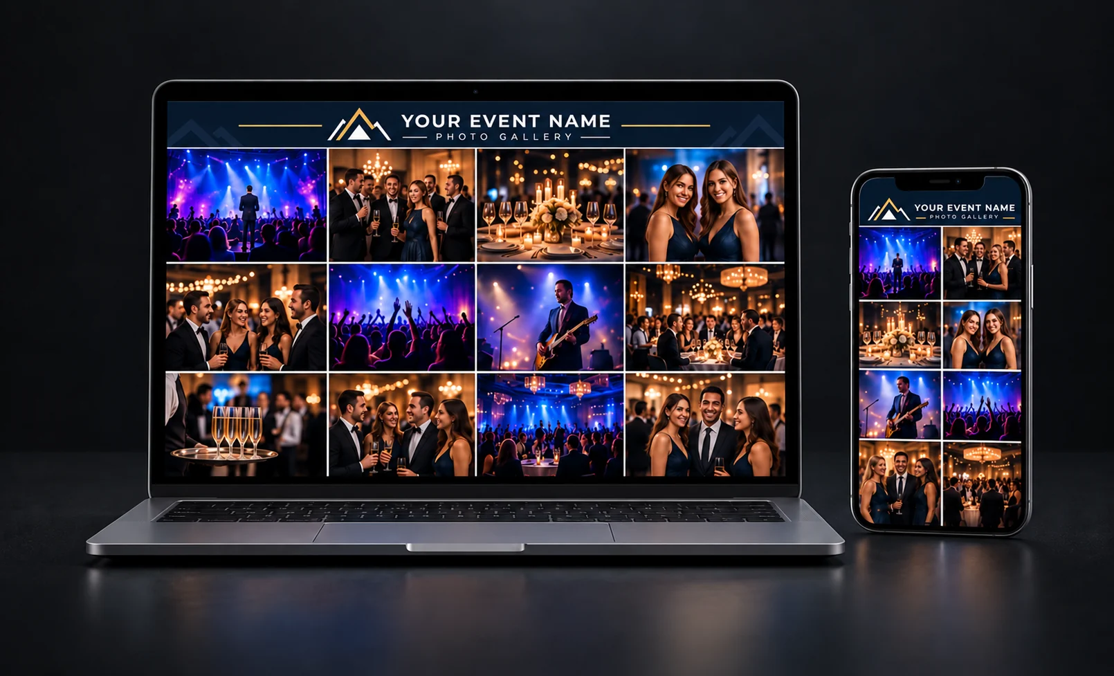 Example event photo gallery branded with Your Event Name on laptop and phone