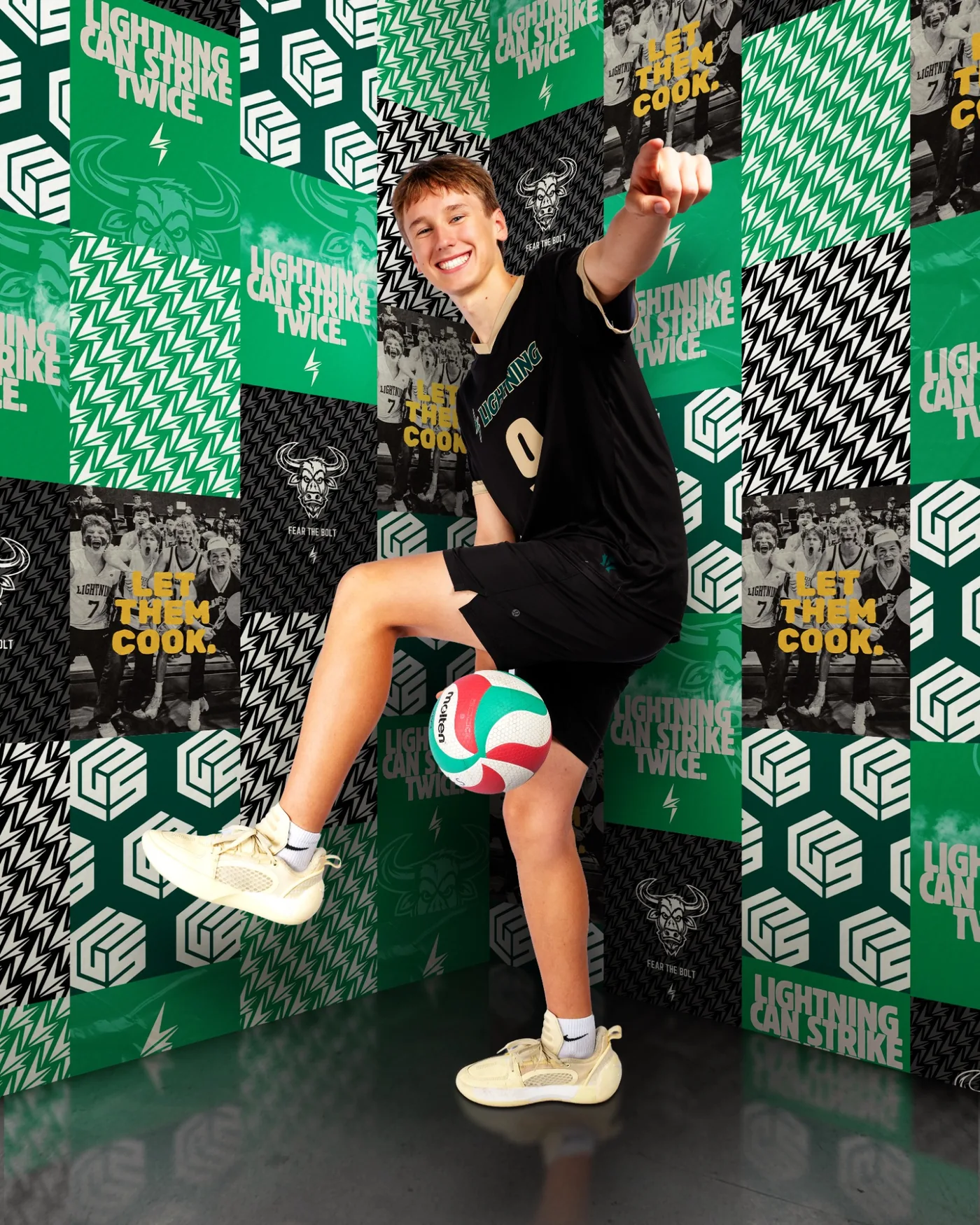 Volleyball player featured against a custom green team graphic